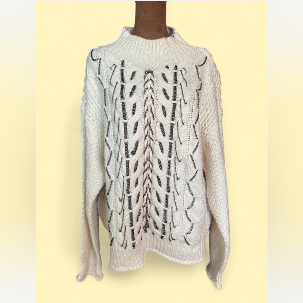 Vince Camuto Womens Ivory Chain Trim Cable Stitch Sweater‎ mock neck Large